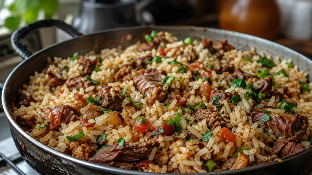 Arroz carreteiro soltinho com charque pronto para servir