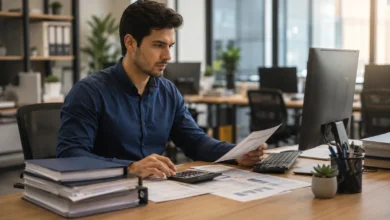 Profissional de Técnico em Contabilidade Analisando Relatórios Financeiros em Escritório Moderno