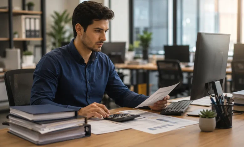 Profissional de Técnico em Contabilidade Analisando Relatórios Financeiros em Escritório Moderno