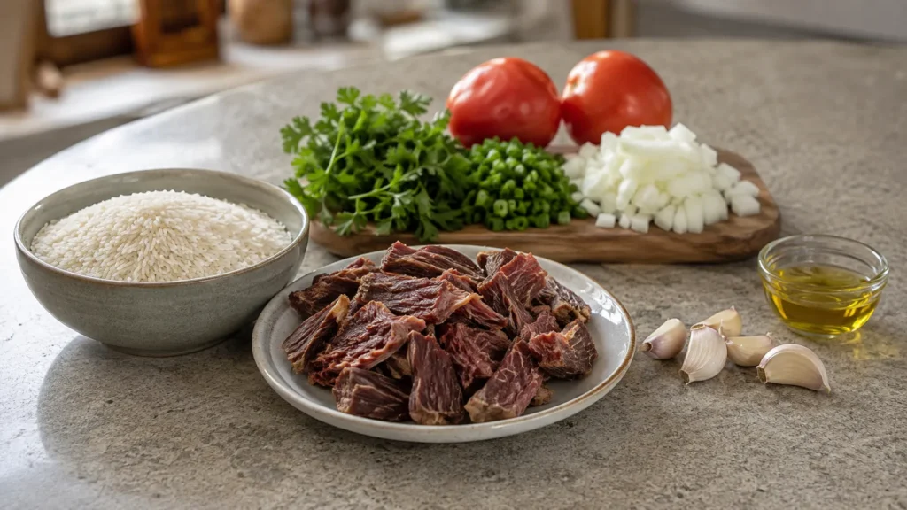  Ingredientes para arroz carreteiro com charque organizados na bancada
