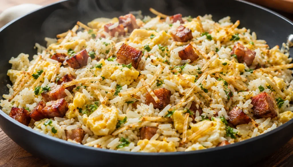 Arroz frito com carne, ovos e ervas