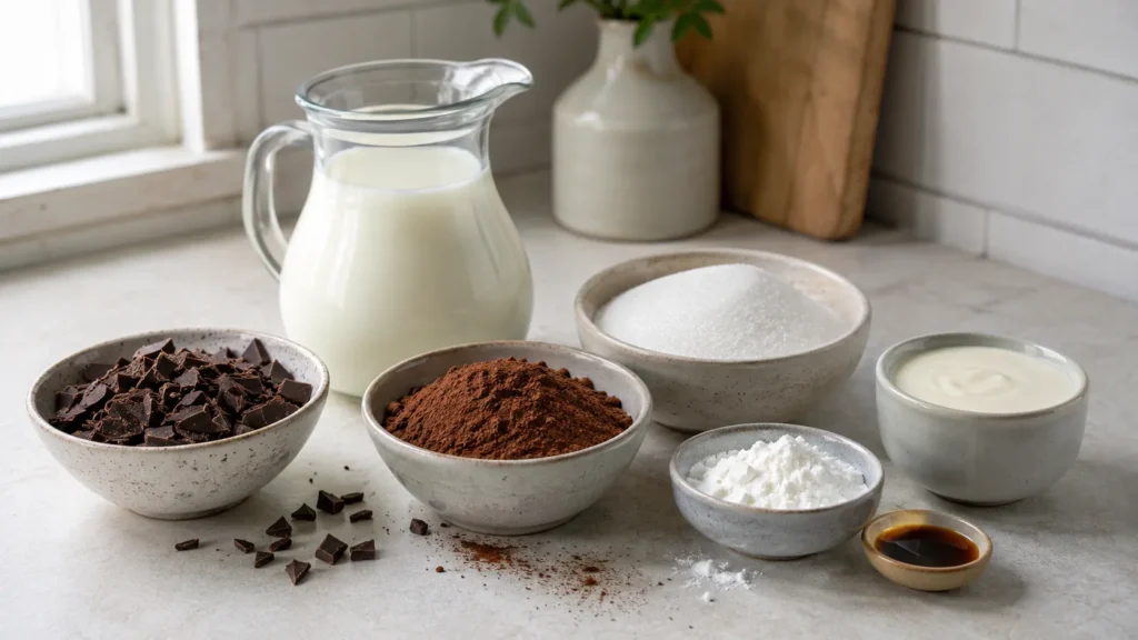 Ingredientes para chocolate quente cremoso organizados na bancada