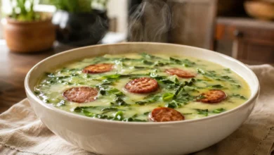 Caldo verde cremoso finalizado com couve fininha e calabresa dourada