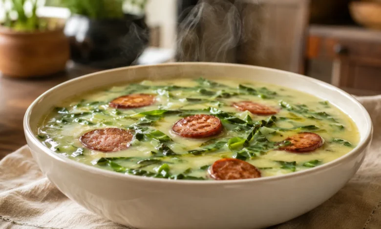 Caldo verde cremoso finalizado com couve fininha e calabresa dourada
