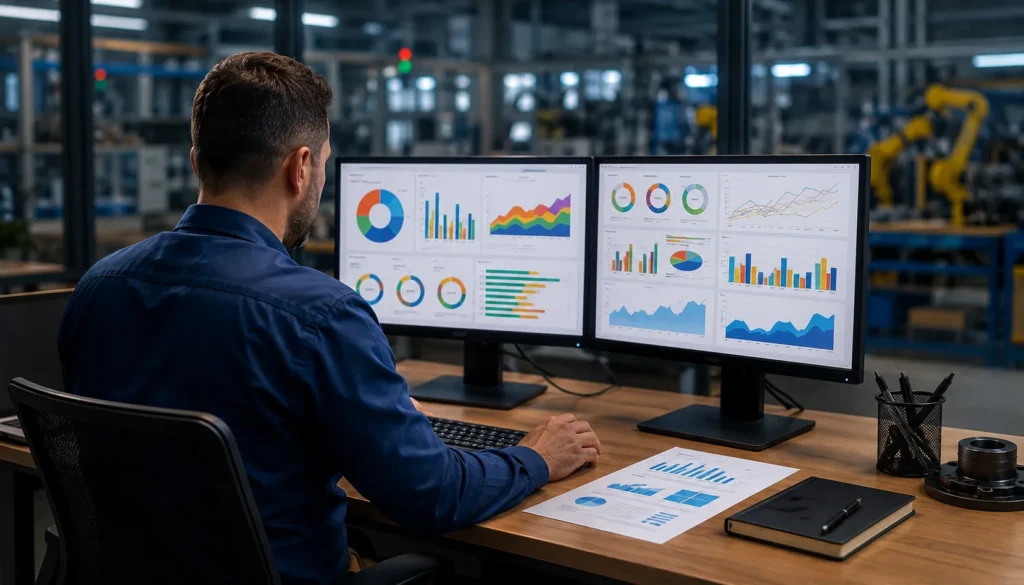 Técnico em Qualidade Analisando Dashboards e Indicadores de Desempenho Industrial