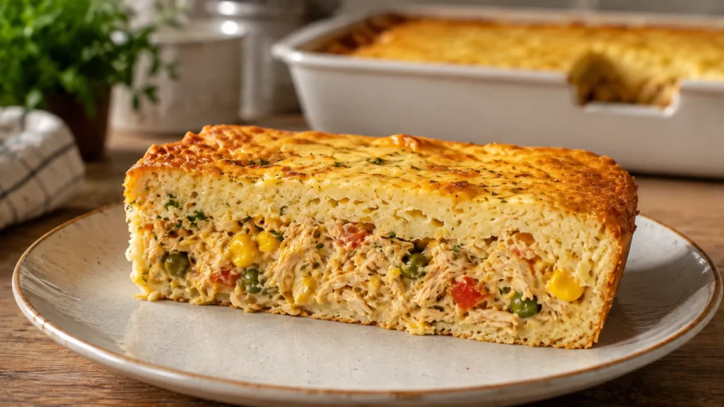 Fatia generosa de torta de frango de liquidificador