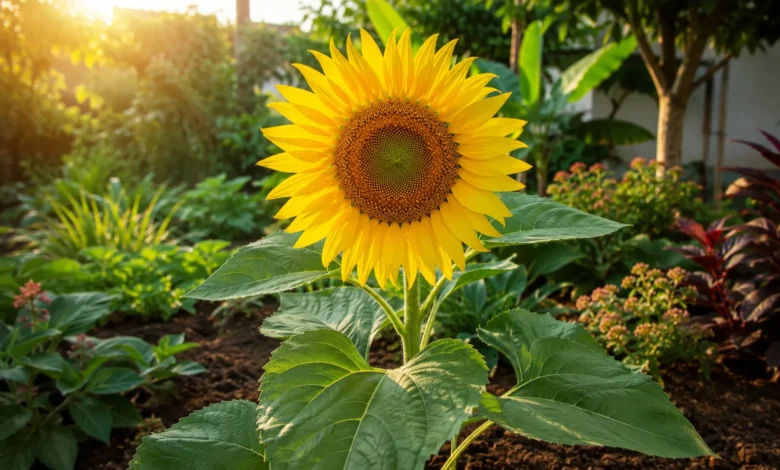 Girassol saudável com flor grande cultivado em local bem iluminado