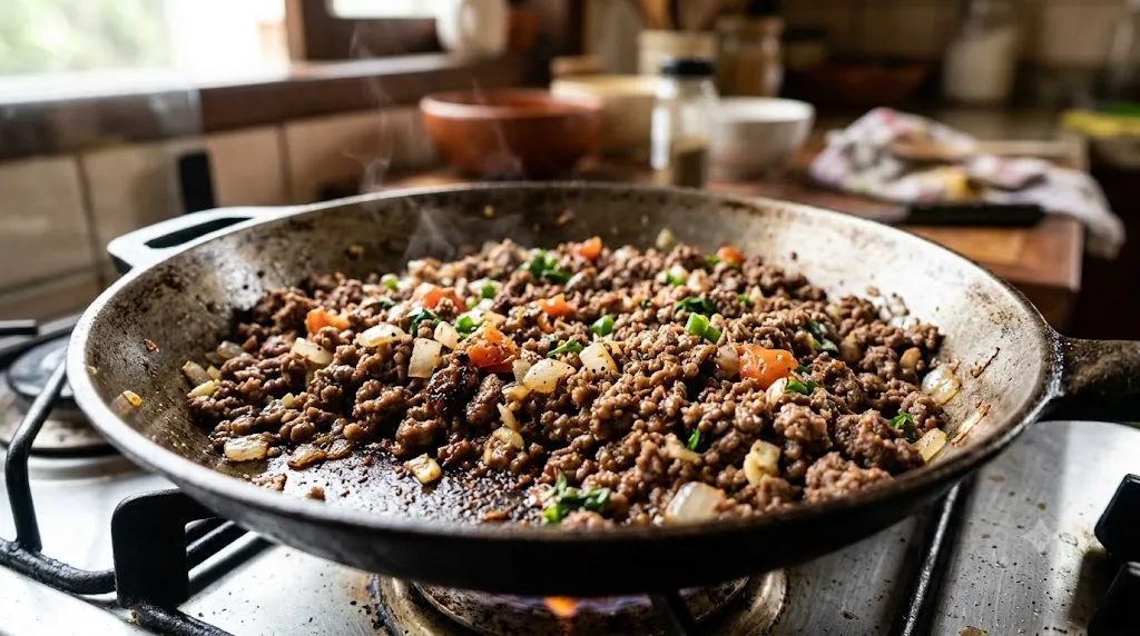 Carne moída dourada e refogada para rechear as panquecas