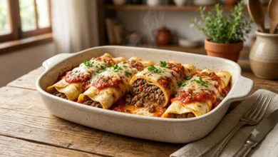 Panqueca de carne moída suculenta com molho de tomate e queijo