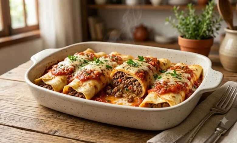 Panqueca de carne moída suculenta com molho de tomate e queijo