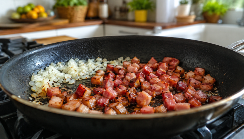 Bacon e cebolas dourando na frigideira
