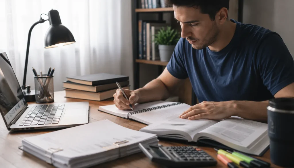 Profissional Estudando para Concurso na Área Contábil em Ambiente Doméstico