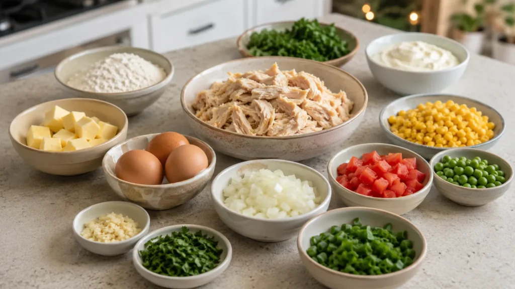 Ingredientes para empadão de frango cremoso organizados na bancada