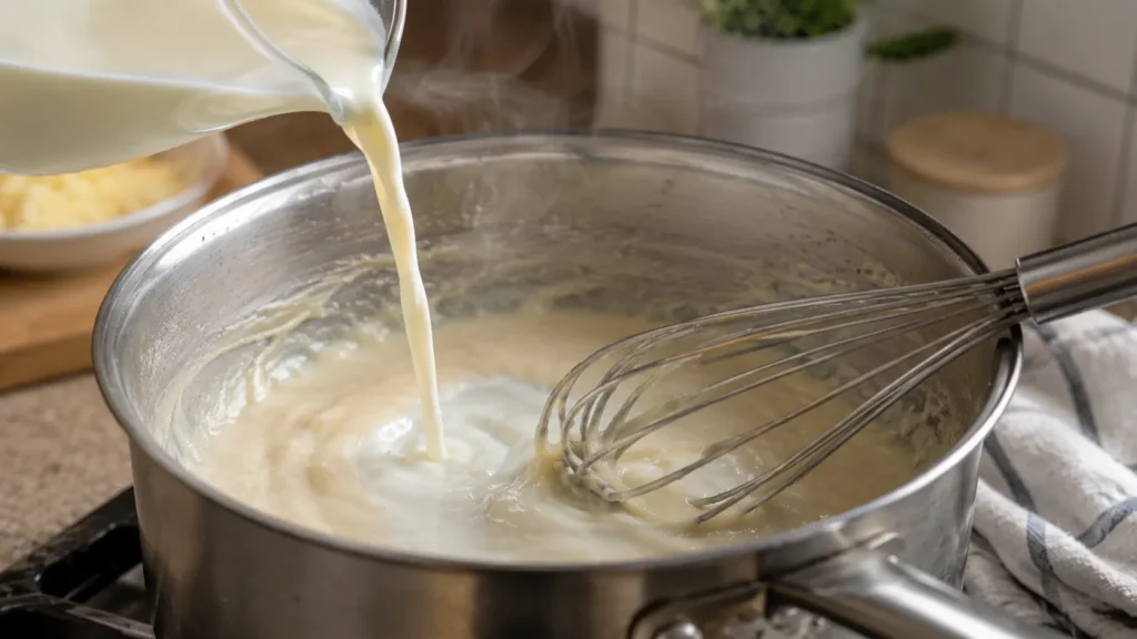 Preparando o molho branco cremoso sem grumos para o macarrão