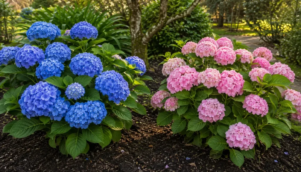 Hortênsias azuis e rosas mostrando variação natural de cor