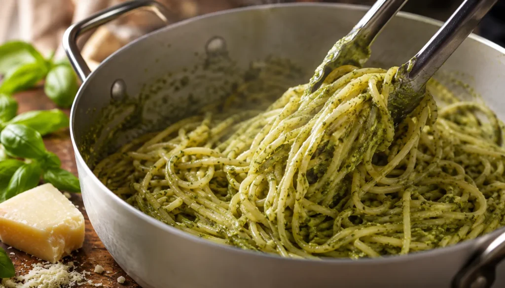Espaguete ao pesto com manjericão e parmesão