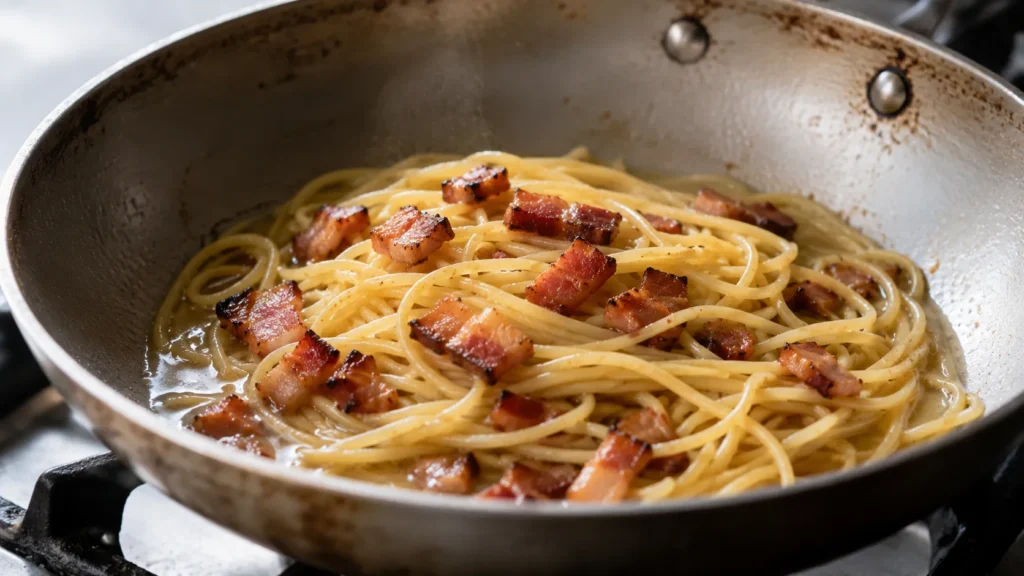 Espaguete com guanciale durante o preparo do macarrão à carbonara