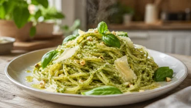 Espaguete ao pesto com manjericão fresco
