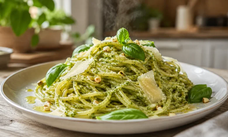 Espaguete ao pesto com manjericão fresco