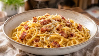 Macarrão à carbonara cremoso com guanciale, queijo Pecorino e pimenta-do-reino