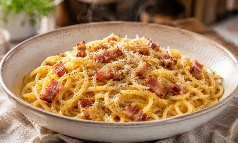 Macarrão à carbonara cremoso com guanciale, queijo Pecorino e pimenta-do-reino