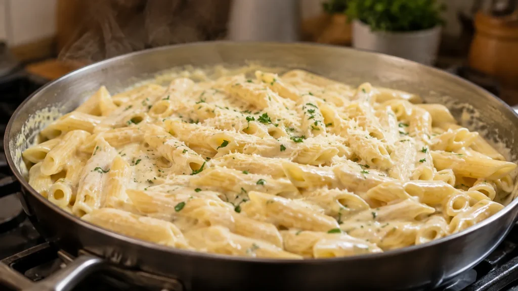 Macarrão ao molho branco cremoso finalizado e pronto para servir