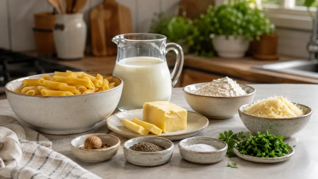  Ingredientes para macarrão ao molho branco organizados na bancada