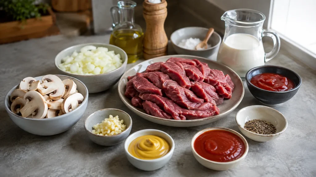 Ingredientes para strogonoff de filé organizados na bancada
