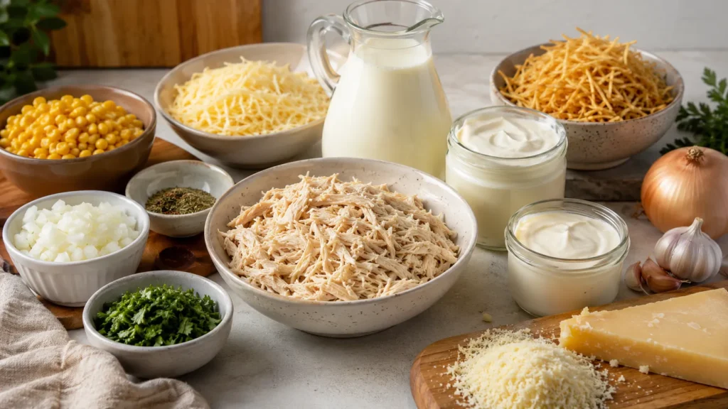 Ingredientes organizados para preparar fricassê de frango