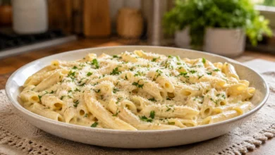 Macarrão ao molho branco cremoso servido com queijo parmesão e salsinha