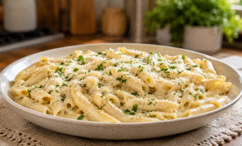 Macarrão ao molho branco cremoso servido com queijo parmesão e salsinha