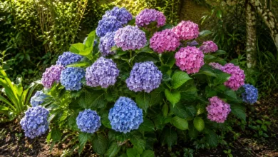 Hortênsia florida em jardim com luz suave da manhã