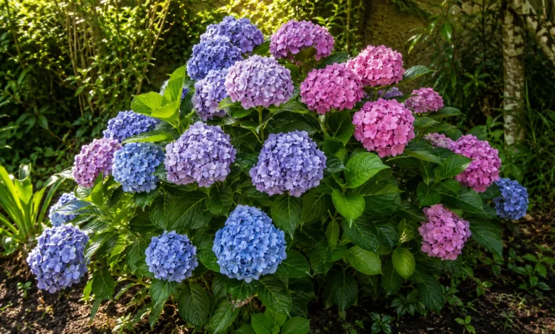 Hortênsia florida em jardim com luz suave da manhã