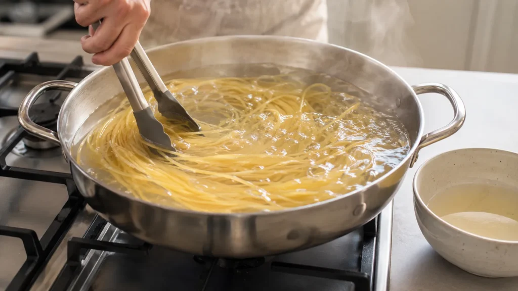 Espaguete fervente na frigideira de inox