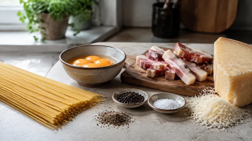 Ingredientes para macarrão à carbonara organizados na bancada