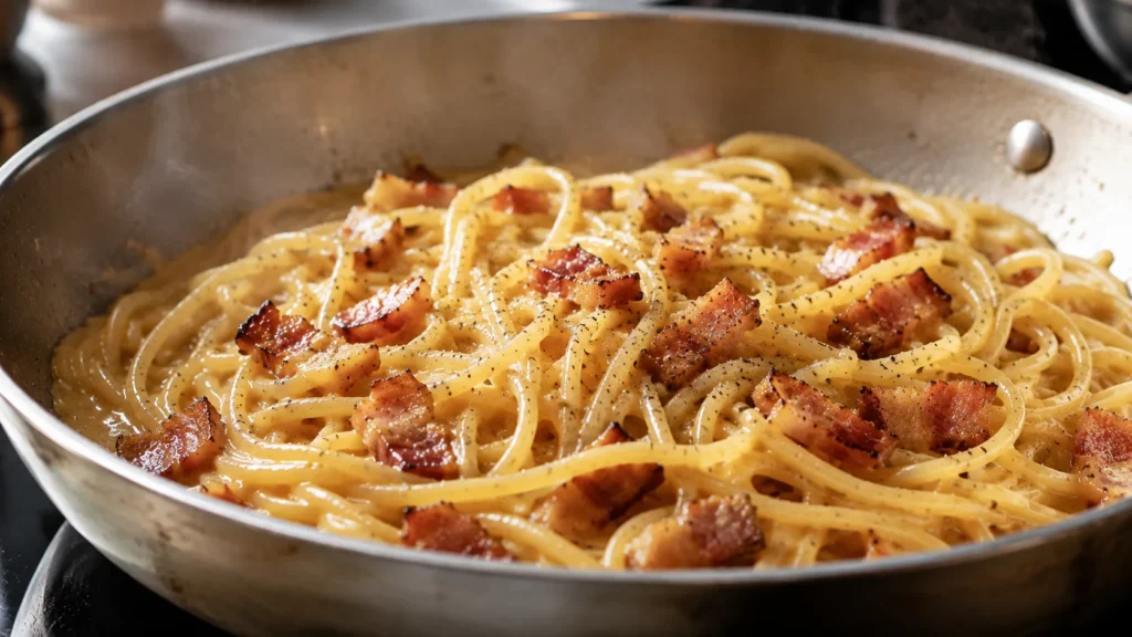 Macarrão à carbonara cremoso finalizado com guanciale e queijo