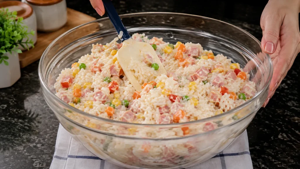 Arroz cozido sendo misturado cuidadosamente