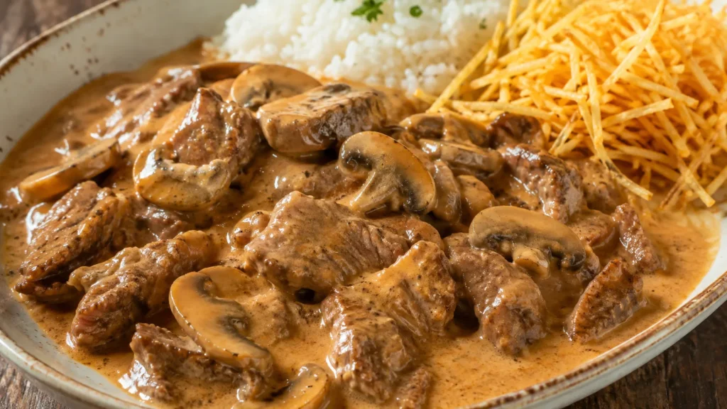 Strogonoff de filé cremoso finalizado com cogumelos
