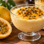 Mousse de maracujá cremosa e firme com polpa natural de maracujá por cima