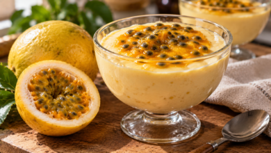 Mousse de maracujá cremosa e firme com polpa natural de maracujá por cima