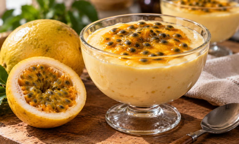 Mousse de maracujá cremosa e firme com polpa natural de maracujá por cima