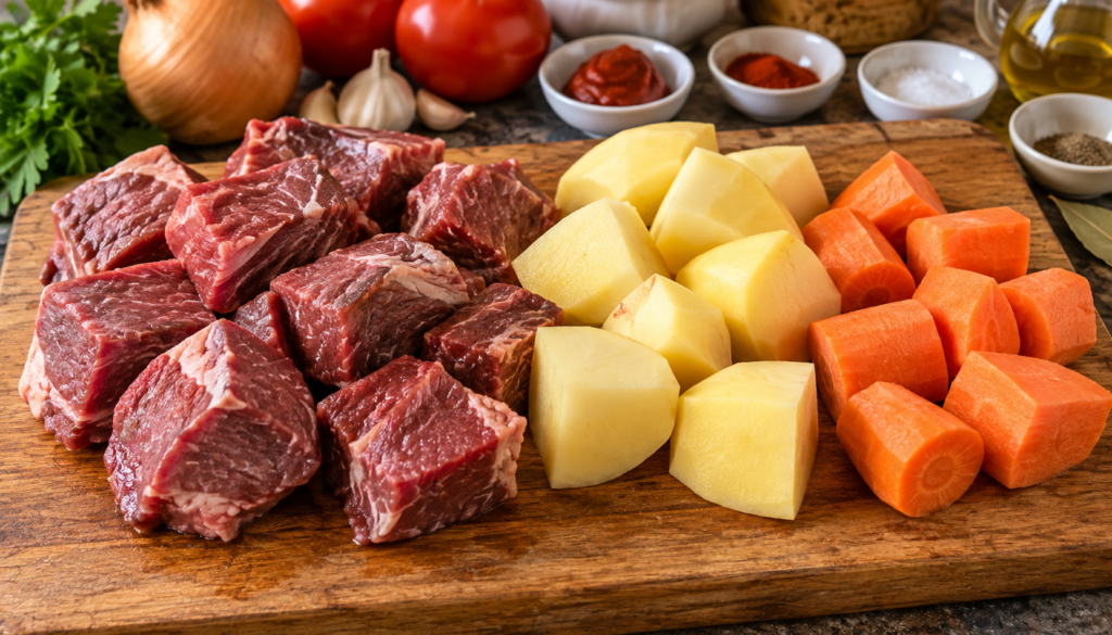 Cubos de acém com cerca de 4 cm ao lado de batatas em pedaços grandes e cenouras cortadas grossas antes do cozimento.