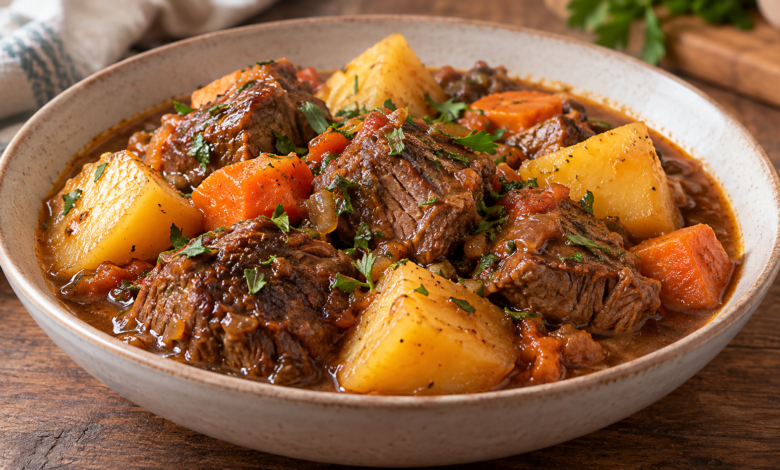 Carne de panela macia com pedaços inteiros de batata e cenoura envolvidos em molho encorpado.