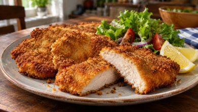 Frango à milanesa crocante e dourado com casquinha firme e carne suculenta por dentro