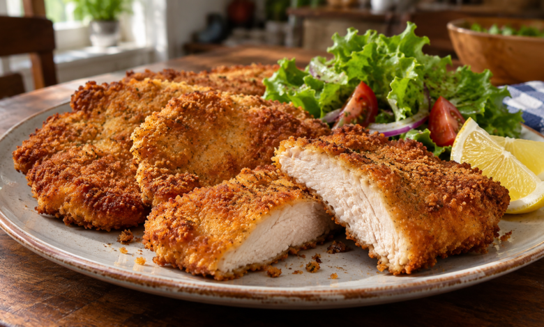 Frango à milanesa crocante e dourado com casquinha firme e carne suculenta por dentro
