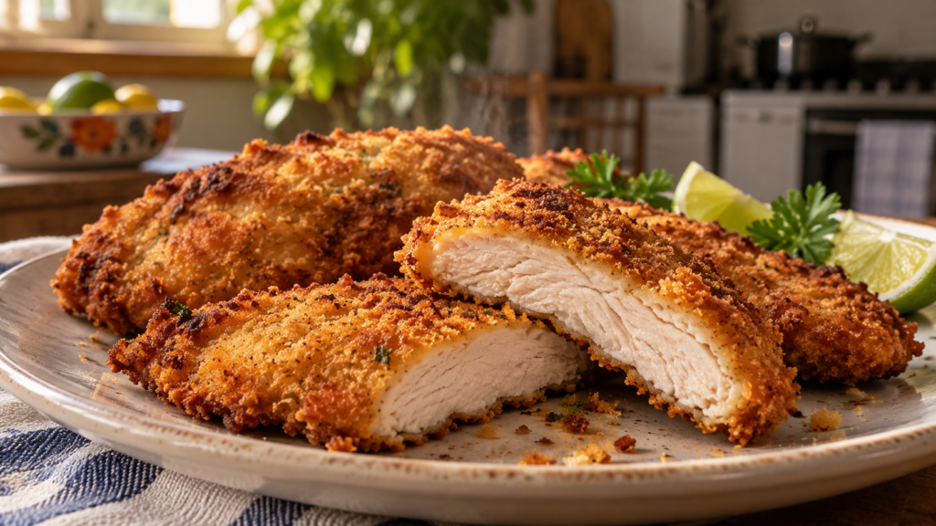 Frango à milanesa crocante cortado mostrando a carne suculenta por dentro