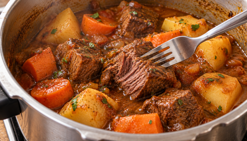 Garfo pressionando carne de panela macia, com batatas e cenouras inteiras envolvidas por molho encorpado.