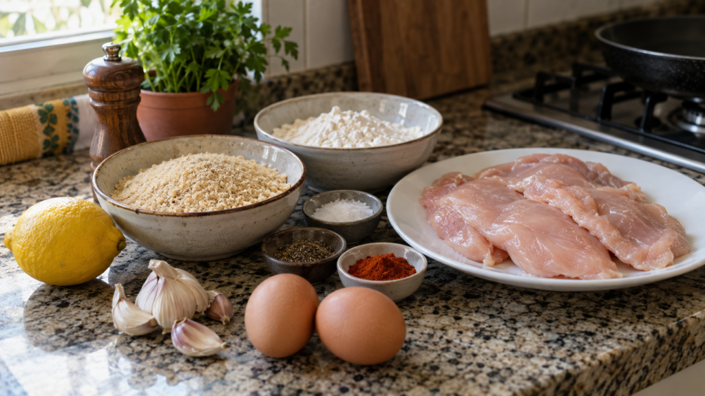 Ingredientes para frango à milanesa crocante organizados na bancada