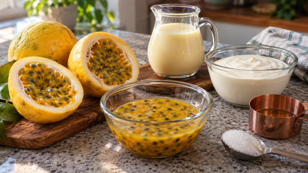 Ingredientes para mousse de maracujá com leite condensado, creme de leite e maracujá fresco